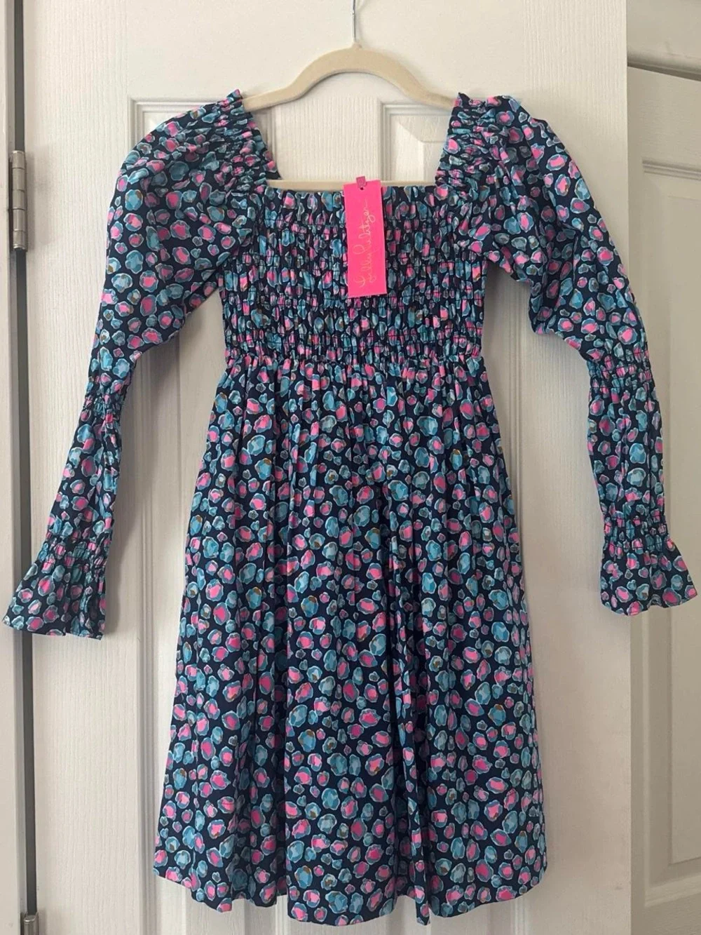 Lilly Pulitzer Navy Floral PuffSleeve Dress-low tide navy spotted,seabreeze blue